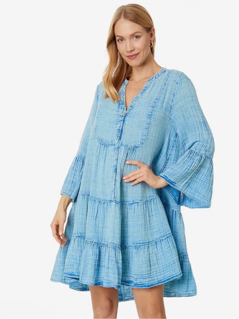 Faherty Cotton Gauze Kasey Dress Medium Blue 3/4 sleeves button down Knee length